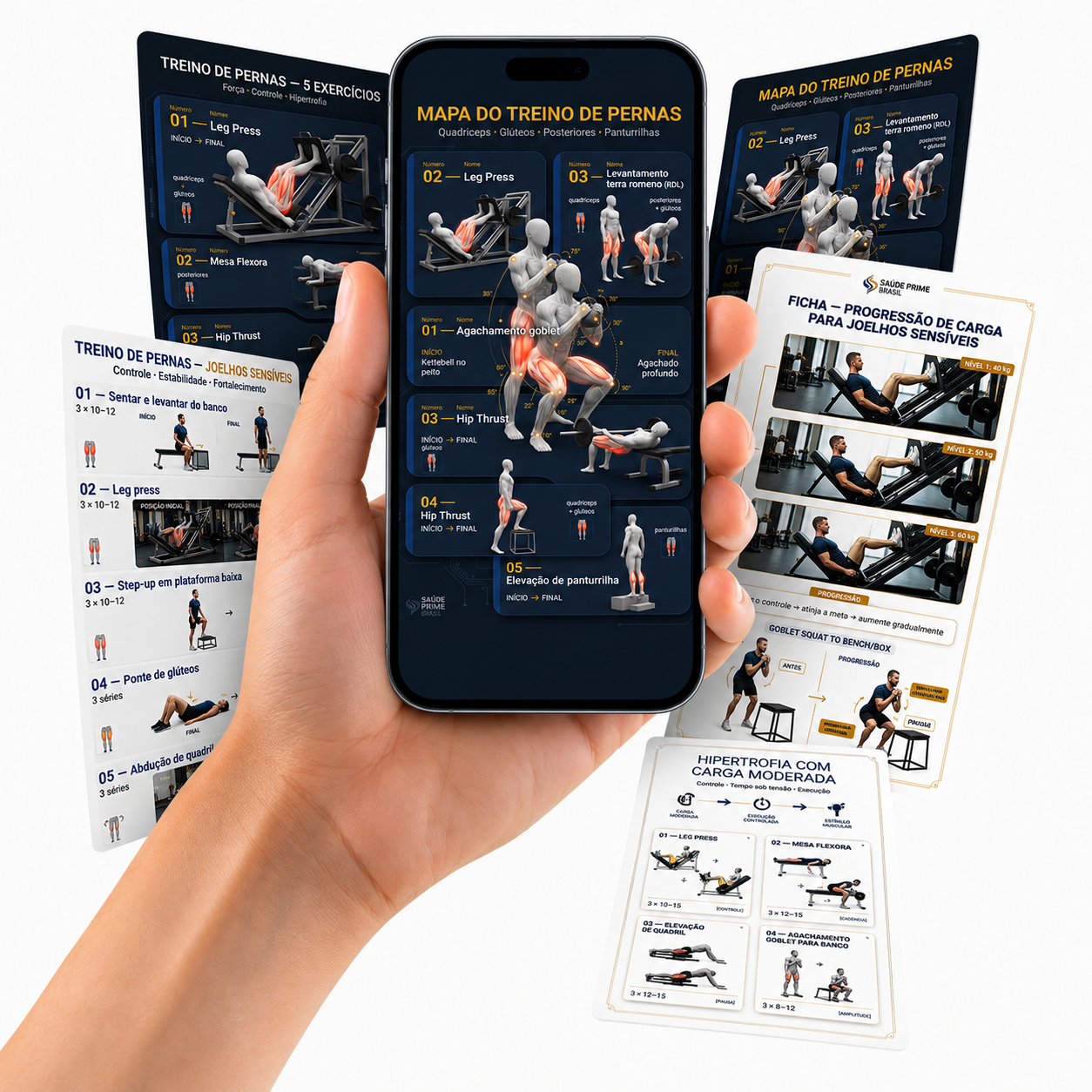 Mockup das fichas de treino de pernas para joelhos sensíveis exibidas no celular