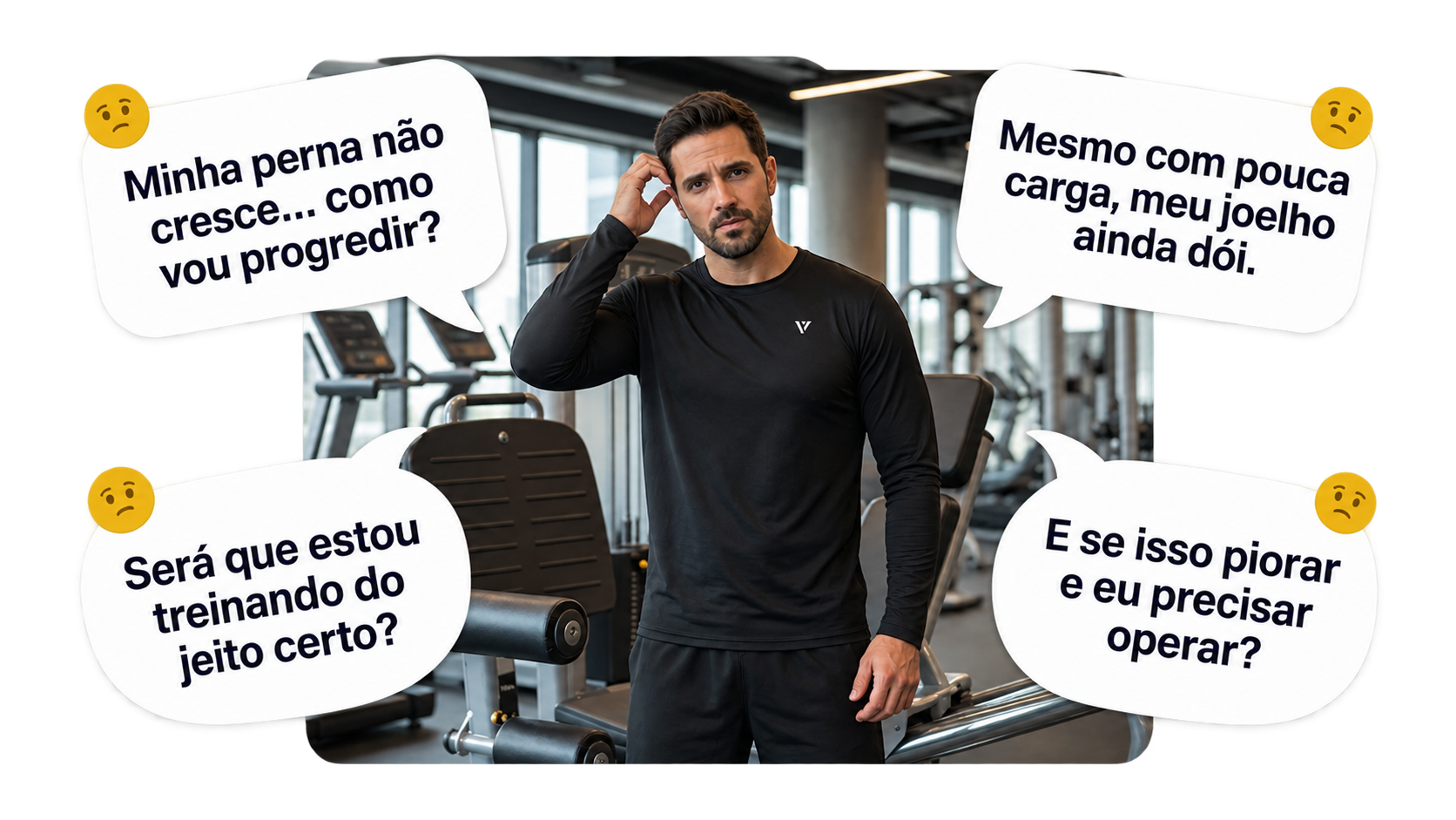 Homem na academia em dúvida sobre como treinar pernas com segurança